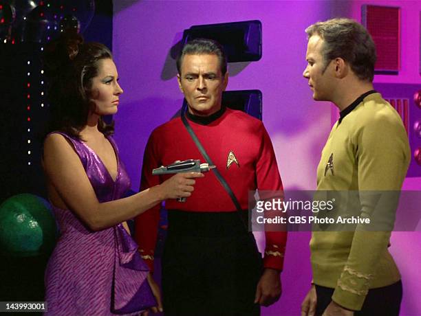 Marj Dusay as Kara, James Doohan as Montgomery "Scotty" Scott and William Shatner as Captain James T. Kirk in the STAR TREK episode, "Spock's Brain."...