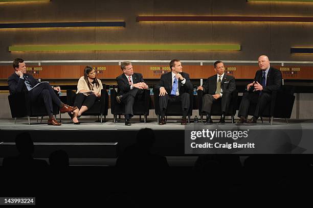 Television personality Willie Geist, Ashley Bunce, Steve Cahillane, Eric Greitens, Raul Perea-Henze, and Paul Rieckhoff speak at the Robin Hood...