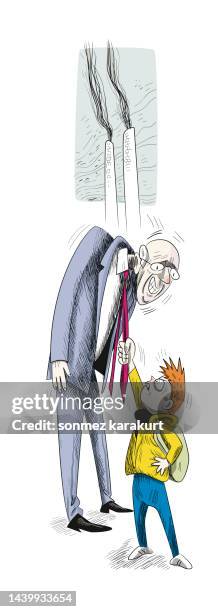 boy asks big man to account for global warming - generation gap workplace stock illustrations