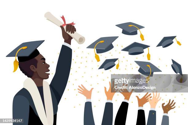 bildbanksillustrationer, clip art samt tecknat material och ikoner med young african american man at graduation. students throw graduation caps in the air. - bonnet