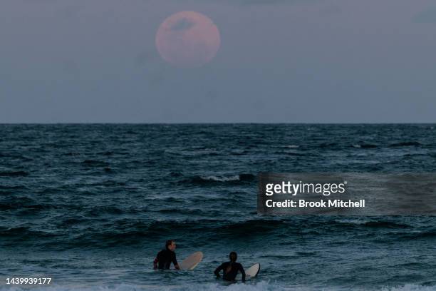 The full moon rises at Manly Beach ahead of a total lunar eclipse in Sydney on November 08, 2022 in Sydney, Australia. Australians will experience...