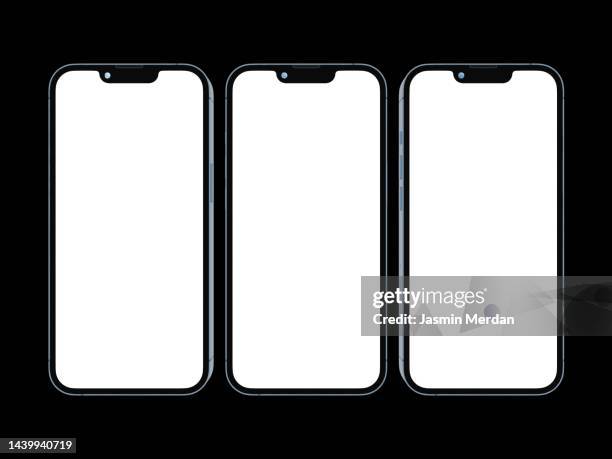 3 mobile phones isolated mockup with white screen isolated on black background on high-quality studio shot - telefonhörer freisteller stock-fotos und bilder