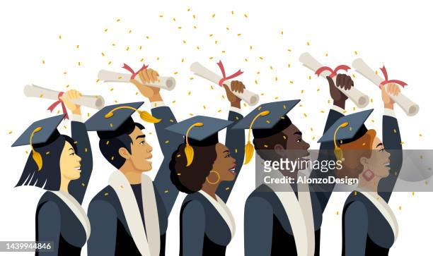 帽子とガウンを着て一緒に卒業する多民族の友人。卒業クラス。 - 女子高生点のイラスト素材／クリップアート素材／マンガ素材／アイコン素材