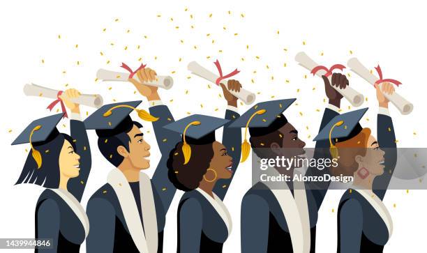 multi-ethnic friends graduating together, in cap and gown. graduating class. - person in further education stock illustrations