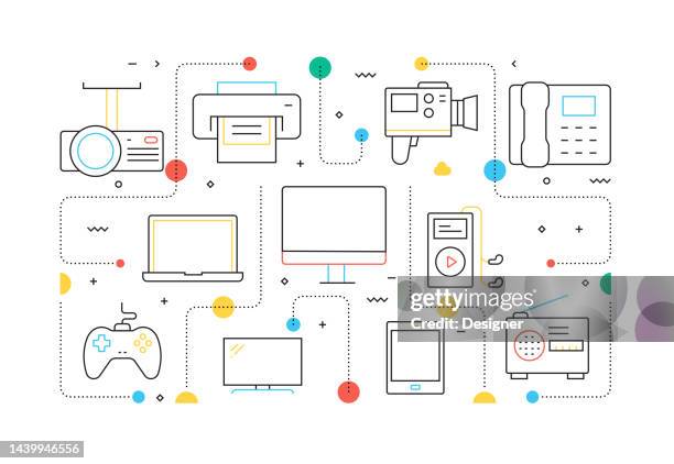 stockillustraties, clipart, cartoons en iconen met electronic devices related line style banner design for web page, headline, brochure, annual report and book cover - phone cover