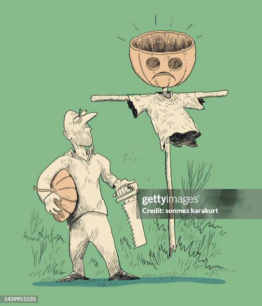 the man who cut off the scarecrow's pumpkin head - spooky background stock illustrations