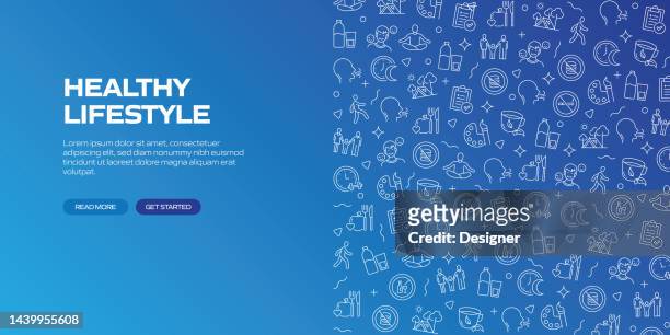 healthy lifestyle web banner with linear icons, trendy linear style vector - wellbeing background stock illustrations
