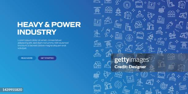 heavy and power industry web banner with linear icons, trendy linear style vector - warehouse background stock illustrations
