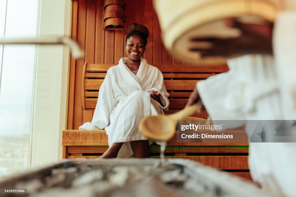 Wealthy couple in sauna.