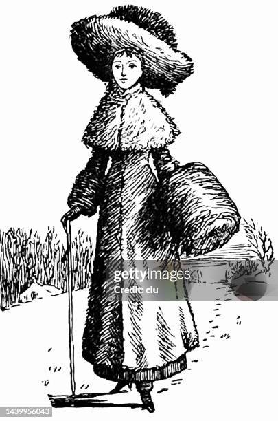 young woman, full length, dressed in fur including a fur hat, front view - fur hat stock illustrations