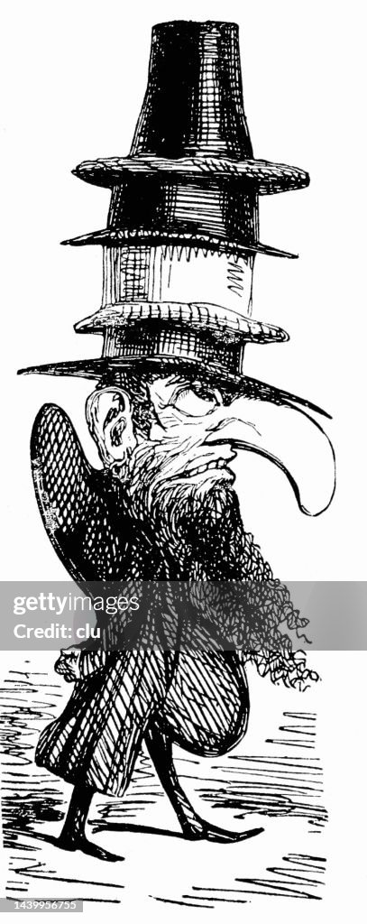 Man with a hook nose stacked hats on his head, sider view