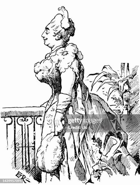 mid adult woman standing at a banniser, side view - wavy hair stock illustrations