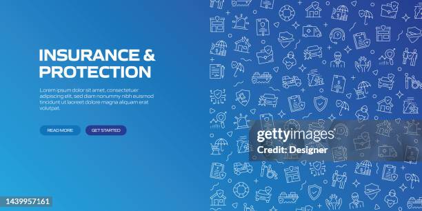 ilustrações de stock, clip art, desenhos animados e ícones de insurance and protection web banner with linear icons, trendy linear style vector - accidents and disasters