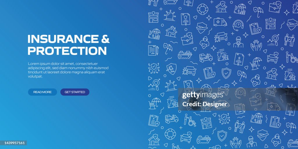 INSURANCE AND PROTECTION Web Banner with Linear Icons, Trendy Linear Style Vector
