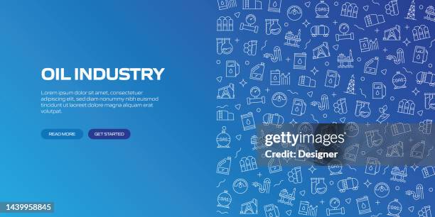 oil industry web banner with linear icons, trendy linear style vector - oil refinery stock illustrations