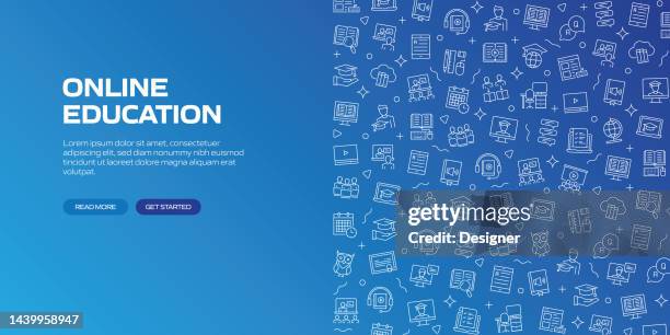 リニアアイコン付きオンライ�ン教育webバナー、トレンディなリニアスタイルベクター - e reader点のイラスト素材／クリップアート素材／マンガ素材／アイコン素材