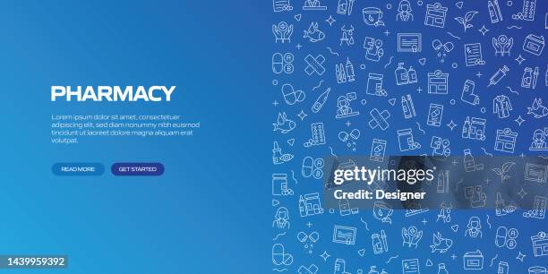 ilustraciones, imágenes clip art, dibujos animados e iconos de stock de banner web de pharmacy con iconos lineales, vector de estilo lineal de moda - farmacia