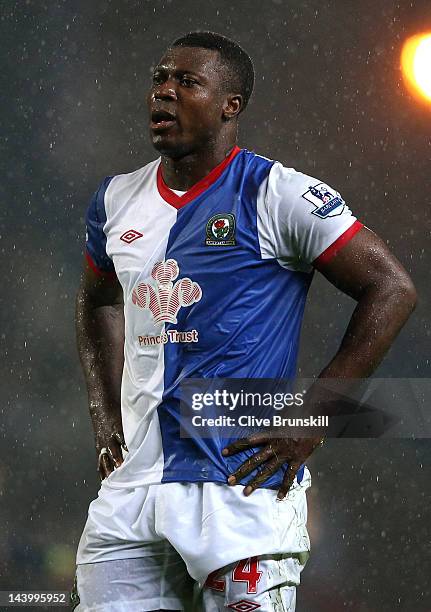 Yakubu of Blackburn Rovers looks dejected after his team was relegated at the end of the Barclays Premier League match between Blackburn Rovers and...