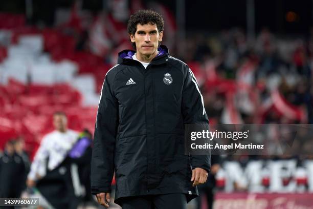 Jesus Vallejo of Real Madrid looks on prior to the LaLiga Santander match between Rayo Vallecano and Real Madrid CF at Campo de Futbol de Vallecas on...