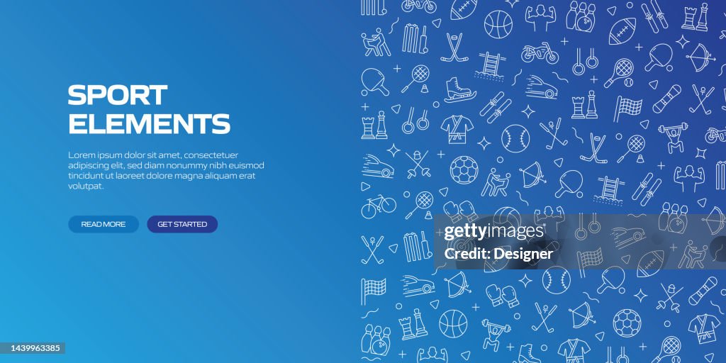 SPORTS ELEMENTS Web Banner with Linear Icons, Trendy Linear Style Vector