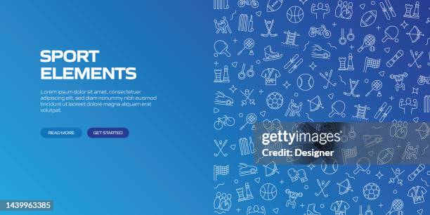 sports elements web banner with linear icons, trendy linear style vector - tennis ball 幅插畫檔、美工圖案、卡通及圖標