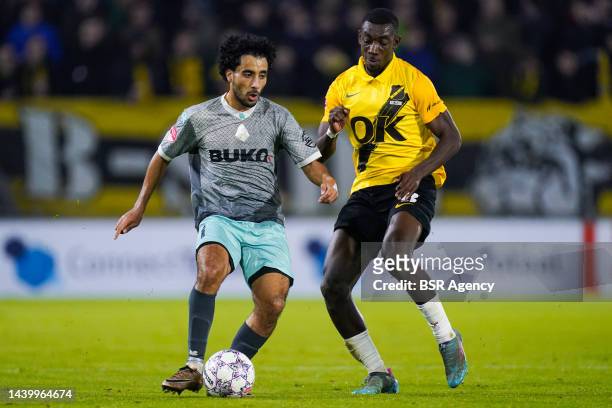 Anass Najah of Telstar battles for the ball with Vieiri Kotzebue of NAC Breda during the Dutch Keukenkampioendivisie match between NAC Breda and...