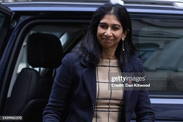 Home Secretary Suella Braverman arrives at 10 Downing Street ahead of the weekly cabinet meeting on November 08, 2022 in London, England.