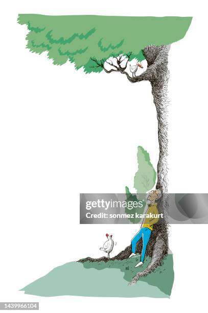 under the tree a man a chicken a duck - man thinking outside stock illustrations