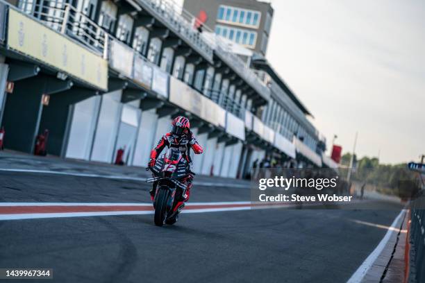 Maverick Viñales of Spain and Aprilia Racing rolls through the pitlane and greets the fans they are watching the tests during the Official MotoGP...