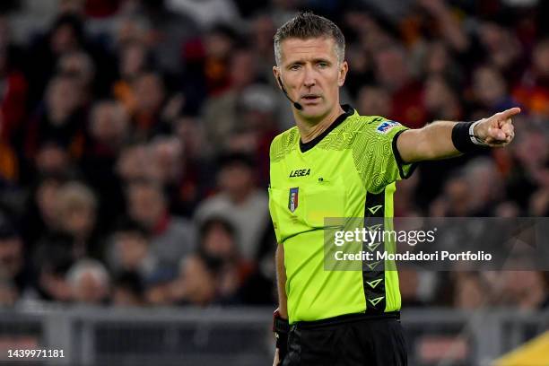 Referee Daniele Orsato reacts during the Serie A football match between AS Roma and SS Lazio at Olimpico stadium. Rome , November 6th, 2022