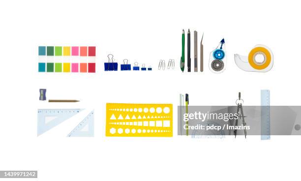 yellow, direct top angle, no people, photo, paper clip, tape - protractor stock pictures, royalty-free photos & images