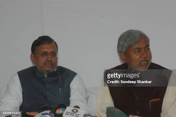 Former coaliion partner and Bihar Deputy Chief Minister, Rajya Sabha MP Sushil Kumar Modi of Bhartiya Janta Party with Chief Minister Nitish Kumar of...