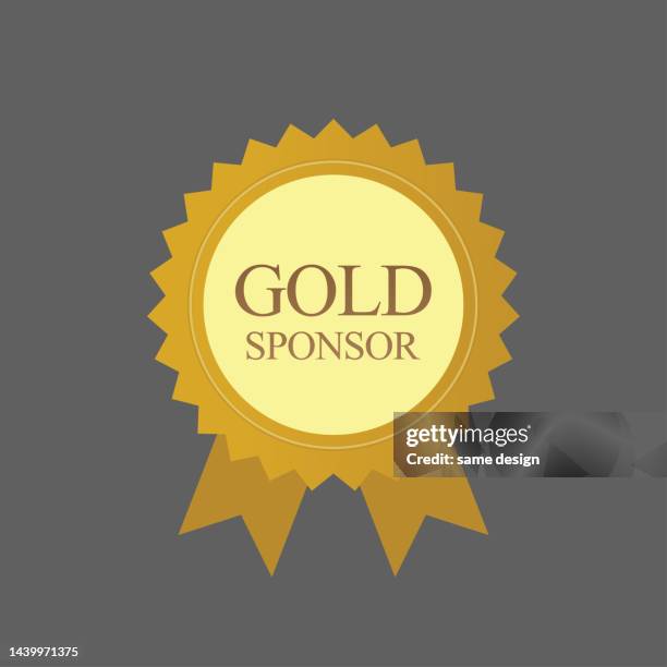 illustrazioni stock, clip art, cartoni animati e icone di tendenza di sponsorizza il badge d'oro 3d con il nastro d'oro - sponsor