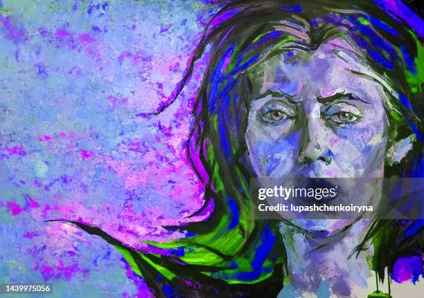 illustration oil painting portrait of young woman with long dark hair in blue tones - emotional intelligence stock illustrations