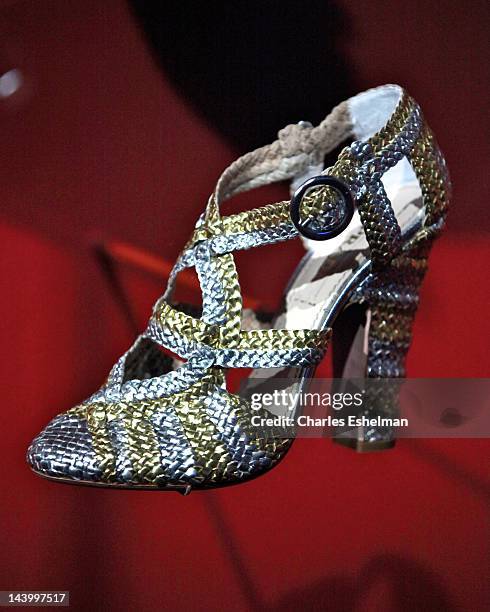 Prada shoe on display at the "Schiaparelli and Prada: Impossible Conversations" Costume Institute exhibition press preview at The Metropolitan Museum...