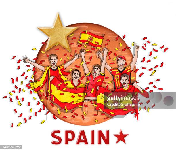stockillustraties, clipart, cartoons en iconen met group of five spanish soccer fan celebrating with national flag of spain and one golden star - star confetti white background