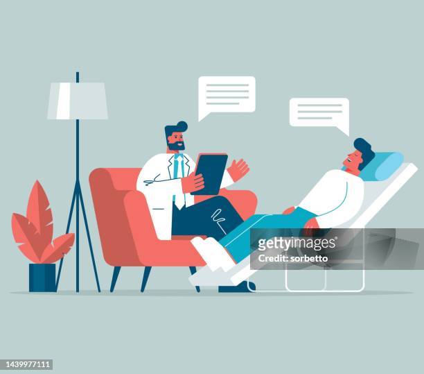 ilustraciones, imágenes clip art, dibujos animados e iconos de stock de un hombre que visita a un psicólogo - psychiatrists couch
