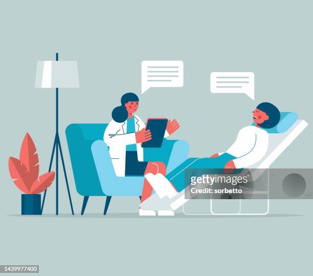 a woman visiting a psychologist - doctor emoticon stock illustrations