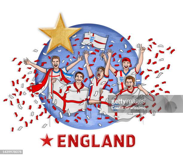 stockillustraties, clipart, cartoons en iconen met group of five english soccer fan celebrating with national flag of england and one golden star - star confetti white background