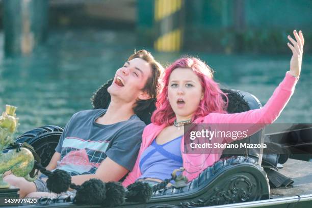 British actress Liv Hill and British actor Louis Partridge shoot a gondola scene in Venice during filming for an Apple TV production scheduled to air...