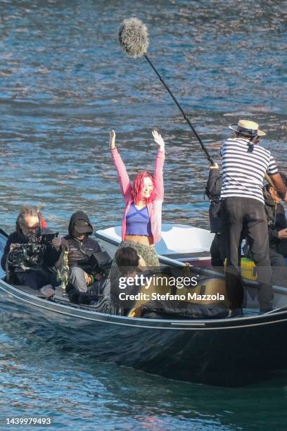 British actress Liv Hill and British actor Louis Partridge shoot a gondola scene in Venice during filming for an Apple TV production scheduled to air...