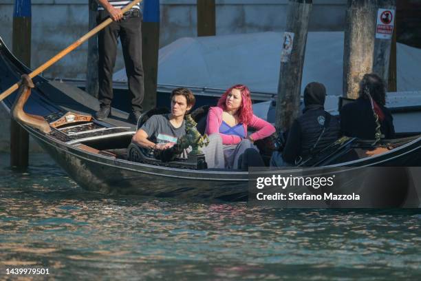 British actress Liv Hill and British actor Louis Partridge shoot a gondola scene in Venice during filming for an Apple TV production scheduled to air...