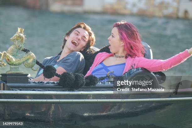British actress Liv Hill and British actor Louis Partridge shoot a gondola scene in Venice during filming for an Apple TV production scheduled to air...
