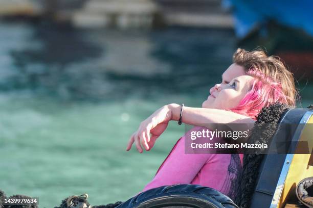 British actress Liv Hill and British actor Louis Partridge shoot a gondola scene in Venice during filming for an Apple TV production scheduled to air...