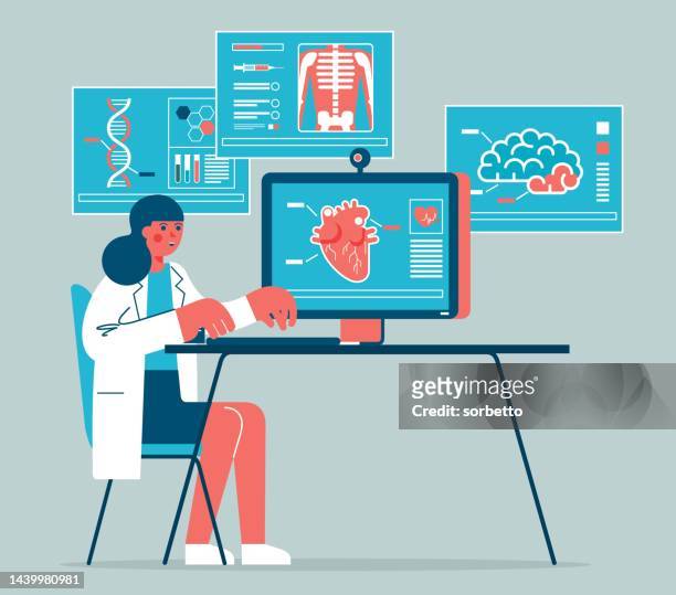 medical check - female doctor - brain scans stock illustrations