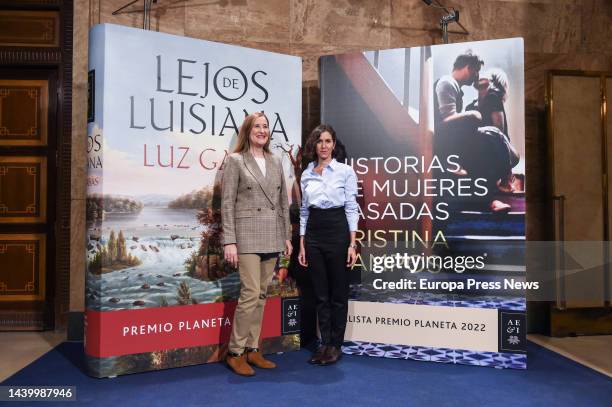 Planeta 2022 Prize winner Luz Gabas and Planeta 2022 Prize finalist Cristina Campos pose during the presentation of the Planeta Prize winning and...