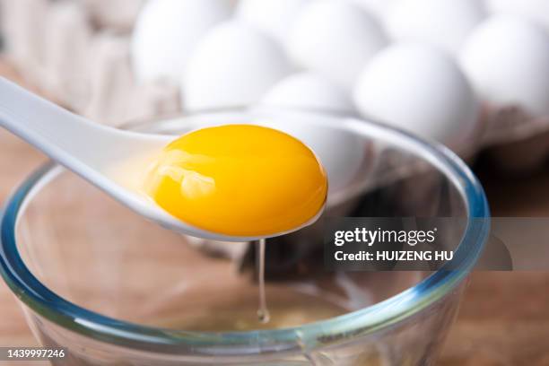 egg yolk in white spoon. white eggs, egg yolk - egg yolk stock pictures, royalty-free photos & images