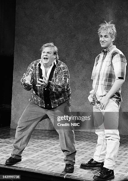 Episode 8 -- Pictured: Chris Farley as Mr O'Malley, Adam Sandler as The Herlihy Boy during "The Herlihy Boy House-Sitting Service" skit on December...