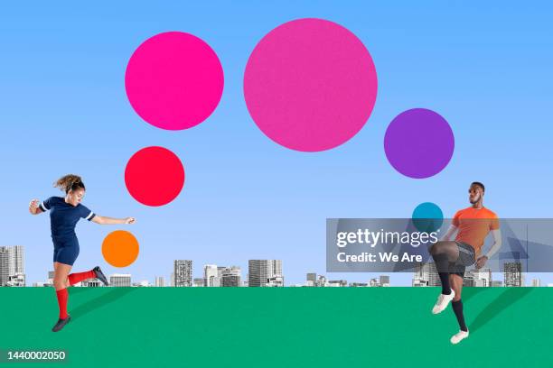 footballers kicking colourful bubbles - athlete montage stock pictures, royalty-free photos & images