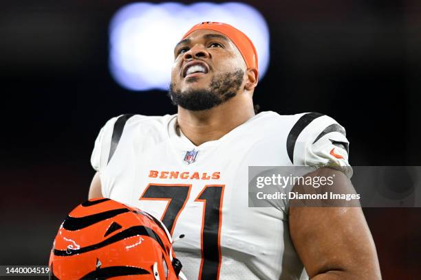 La'el Collins of the Cincinnati Bengals looks on prior to a game against the Cleveland Browns at FirstEnergy Stadium on October 31, 2022 in...